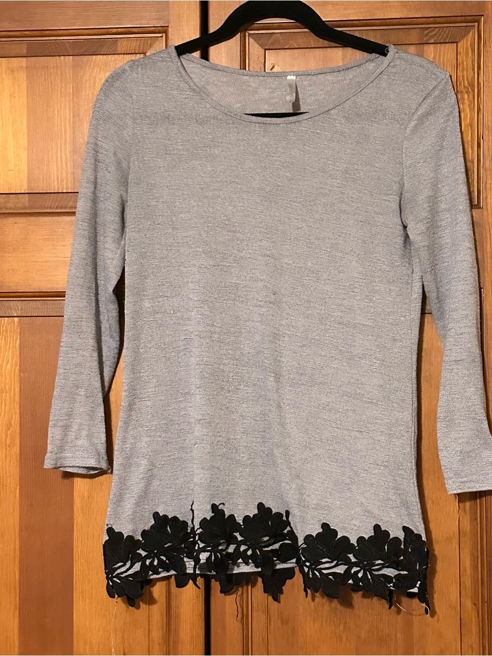 Women’s Gray Long Sleeve Top with Black Floral Trim - small